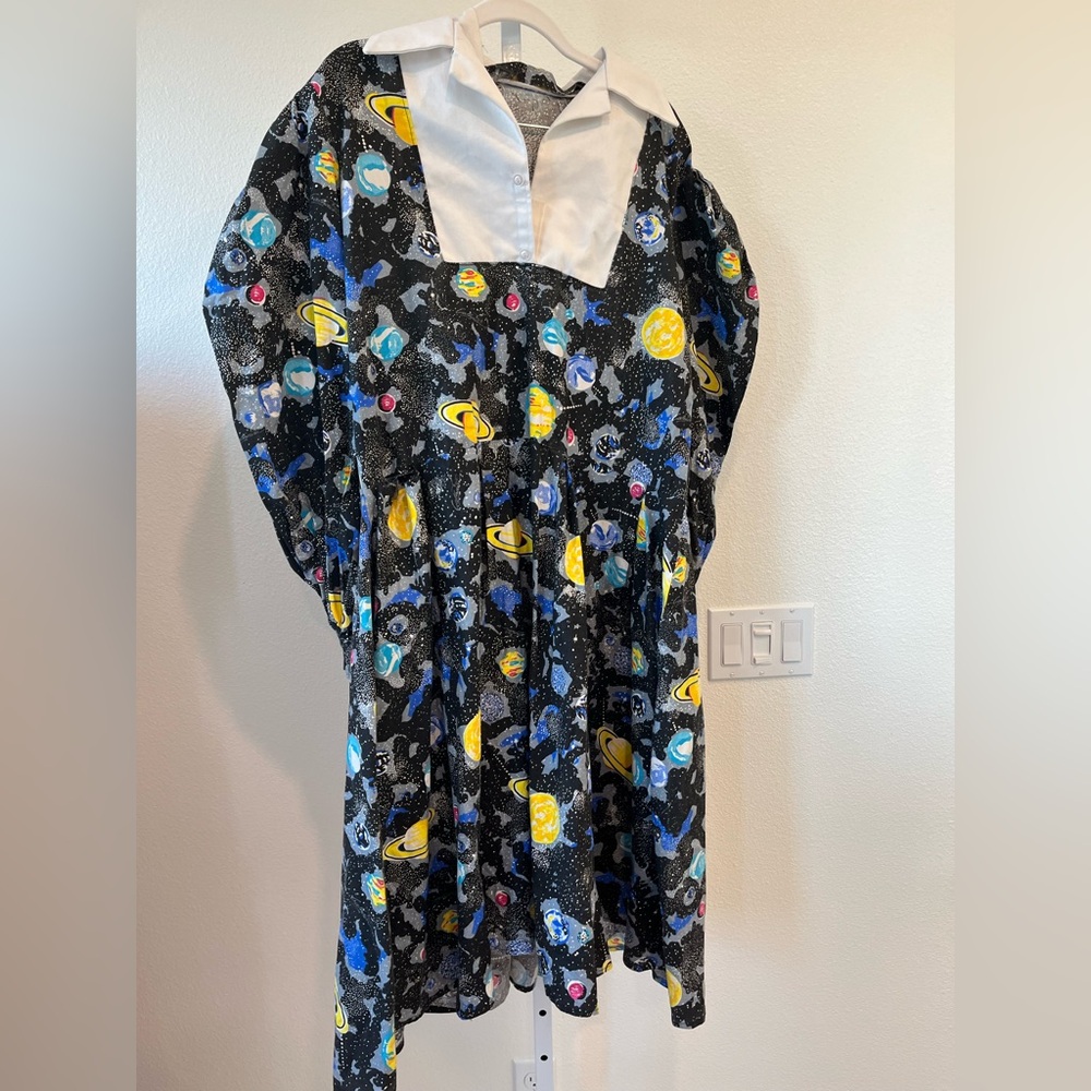Celestial Print Midi Dress with White Collar